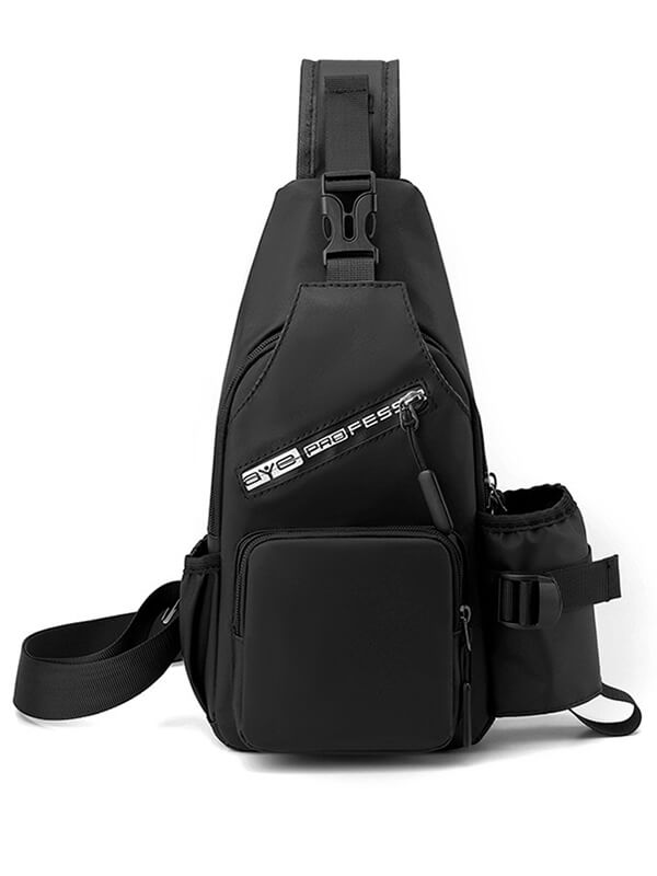 Sports Men's Multifunctional Crossbody Bag with USB-port in black, featuring nylon and polyester build, secure zipper closure, and shoulder strap.